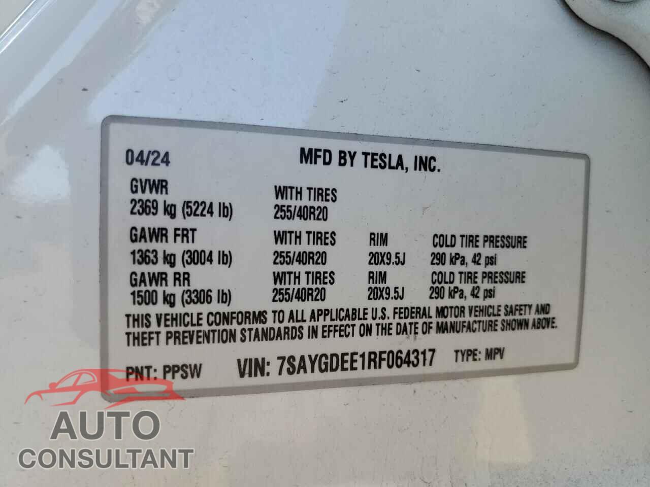 TESLA MODEL Y 2024 - 7SAYGDEE1RF064317