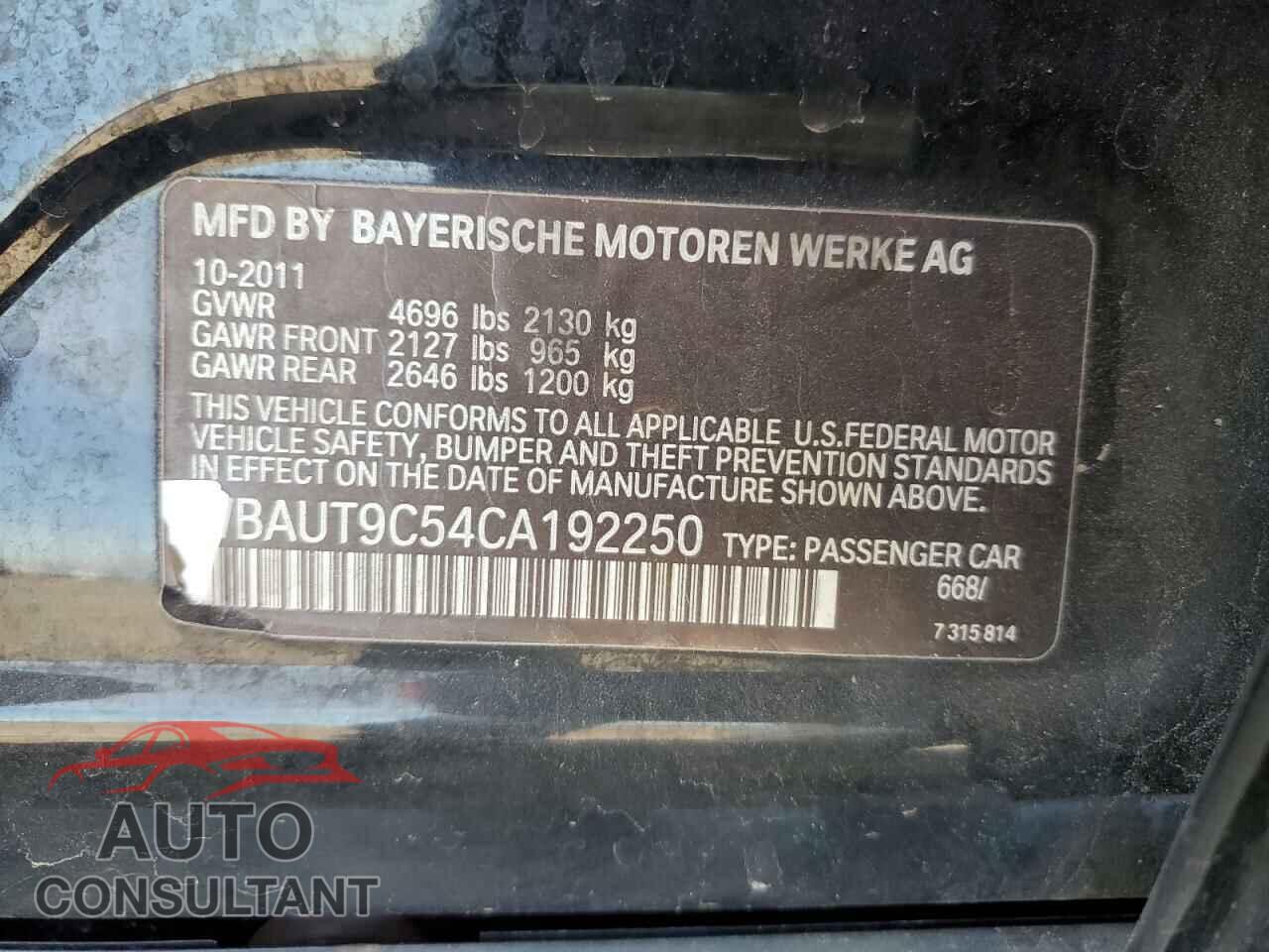 BMW 3 SERIES 2012 - WBAUT9C54CA192250