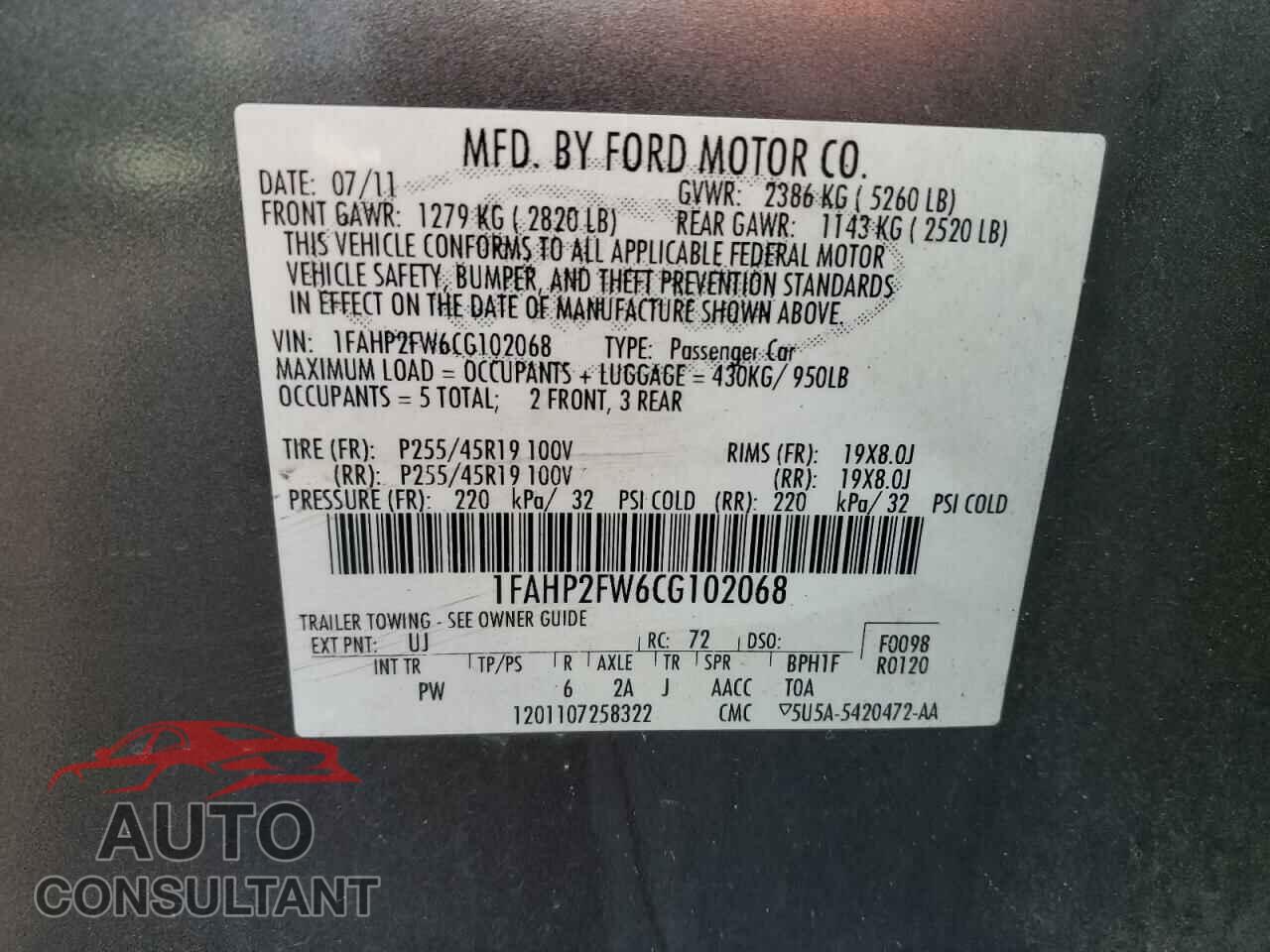 FORD TAURUS 2012 - 1FAHP2FW6CG102068