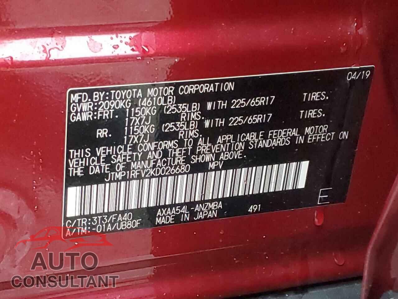 TOYOTA RAV4 2019 - JTMP1RFV2KD026680