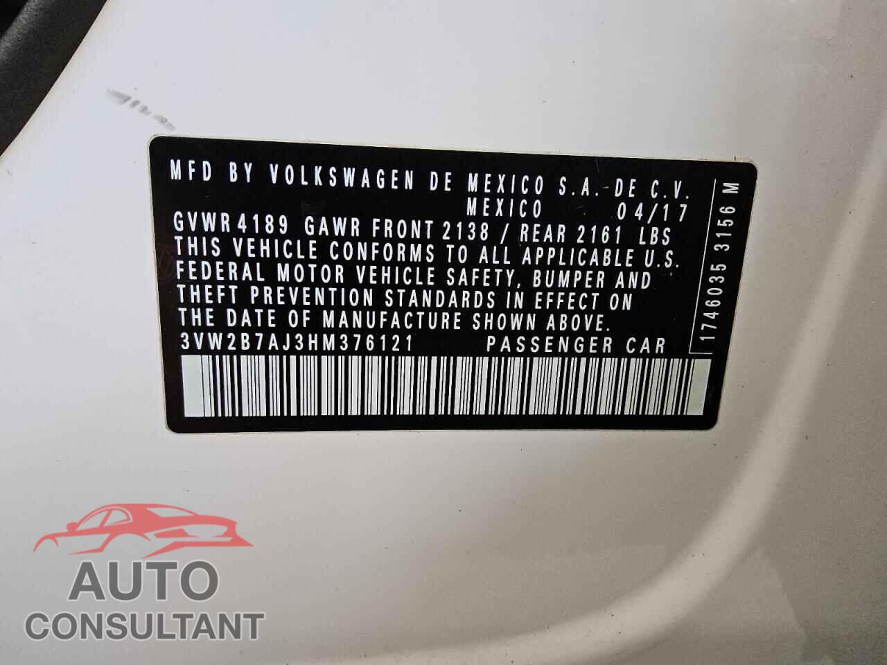 VOLKSWAGEN JETTA 2017 - 3VW2B7AJ3HM376121