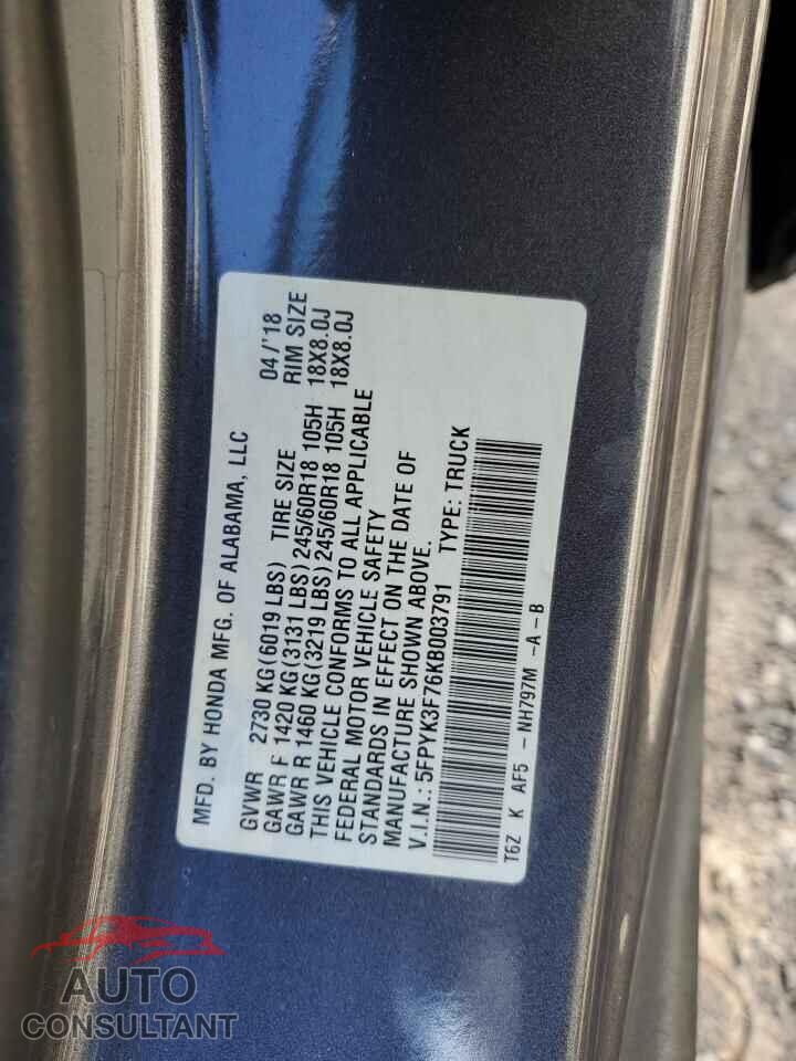 HONDA RIDGELINE 2017 - 5FPYK3F76KB003791
