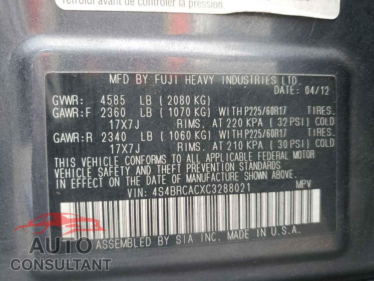 SUBARU OUTBACK 2012 - 4S4BRCACXC3288021