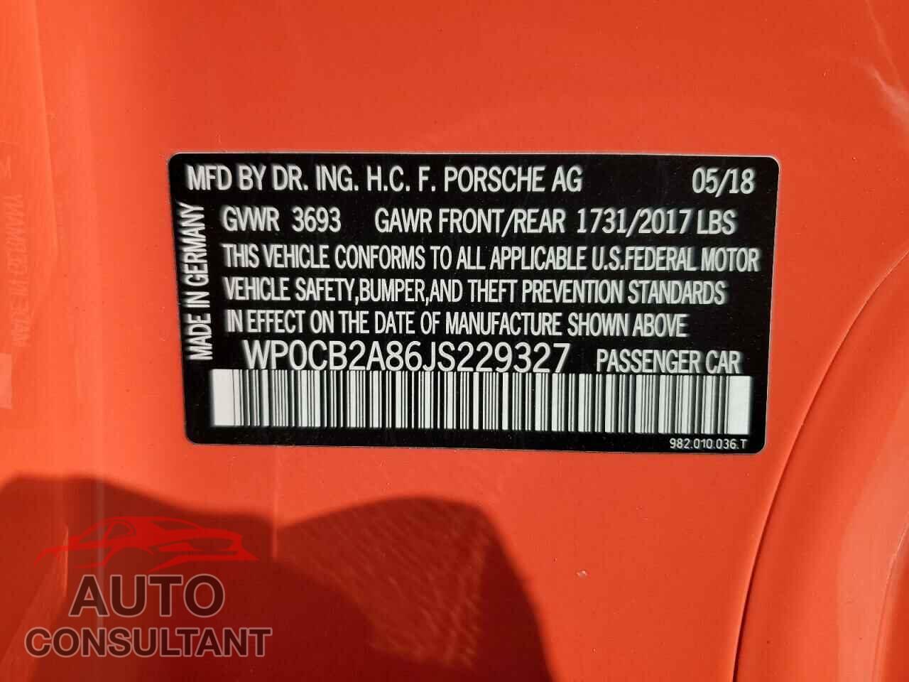 PORSCHE BOXSTER 2018 - WP0CB2A86JS229327