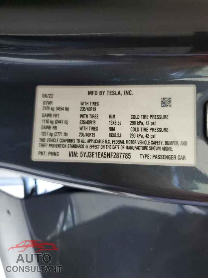 TESLA MODEL 3 2022 - 5YJ3E1EA5NF287785