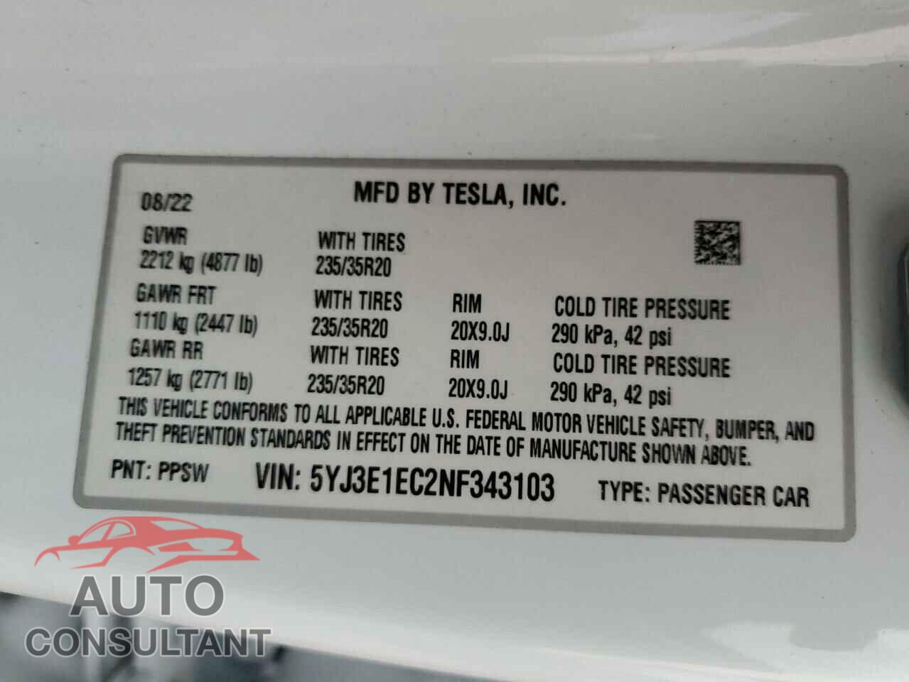 TESLA MODEL 3 2022 - 5YJ3E1EC2NF343103