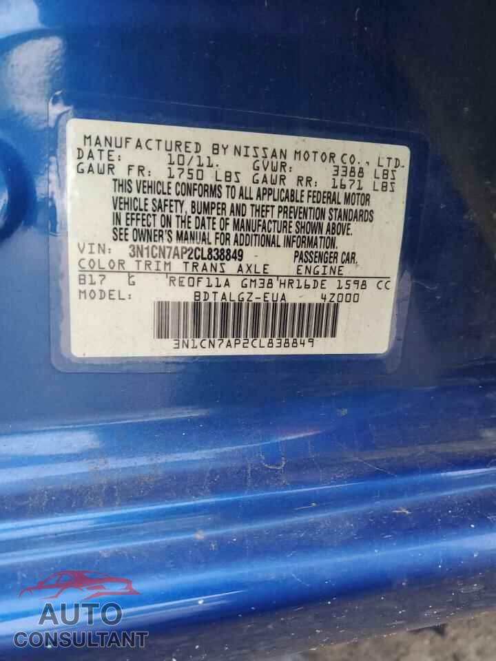NISSAN VERSA 2012 - 3N1CN7AP2CL838849