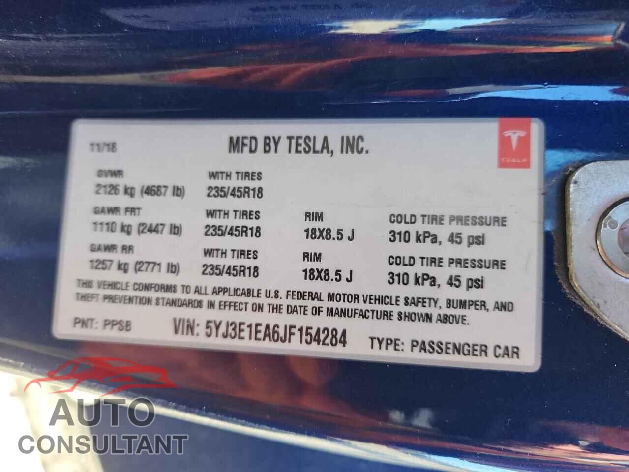 TESLA MODEL 3 2018 - 5YJ3E1EA6JF154284