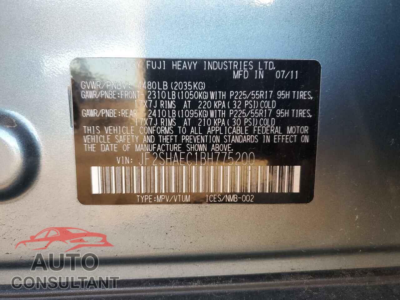 SUBARU FORESTER 2011 - JF2SHAEC1BH775200