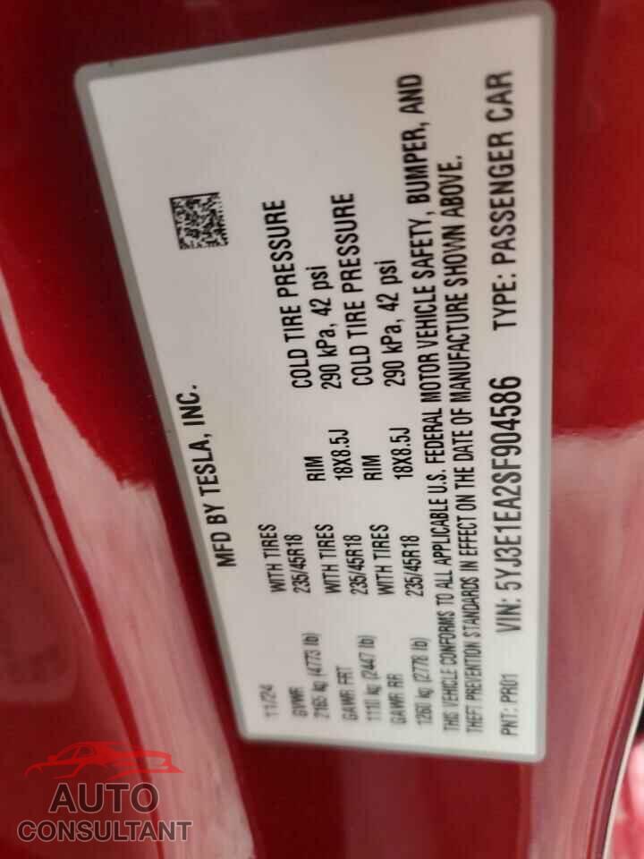 TESLA MODEL 3 2025 - 5YJ3E1EA2SF904586