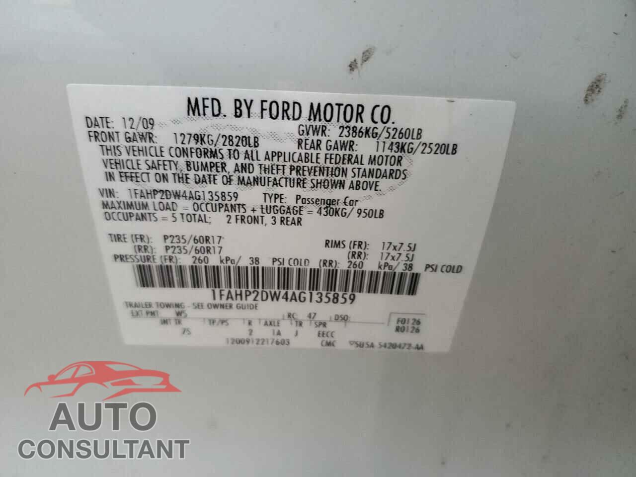 FORD TAURUS 2010 - 1FAHP2DW4AG135859