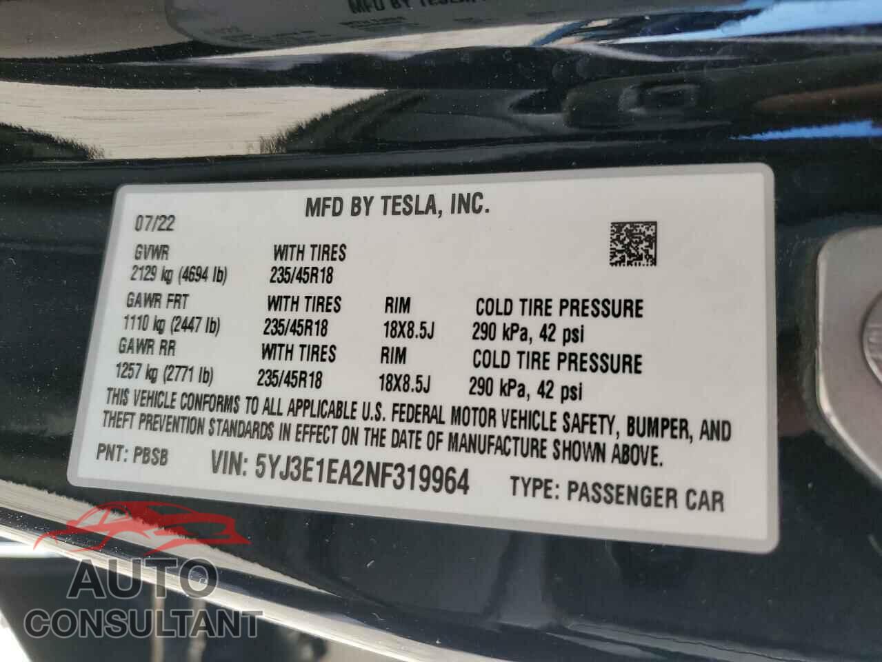 TESLA MODEL 3 2022 - 5YJ3E1EA2NF319964
