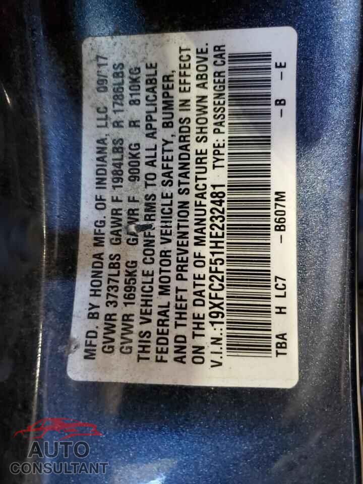 HONDA CIVIC 2017 - 19XFC2F51HE232481