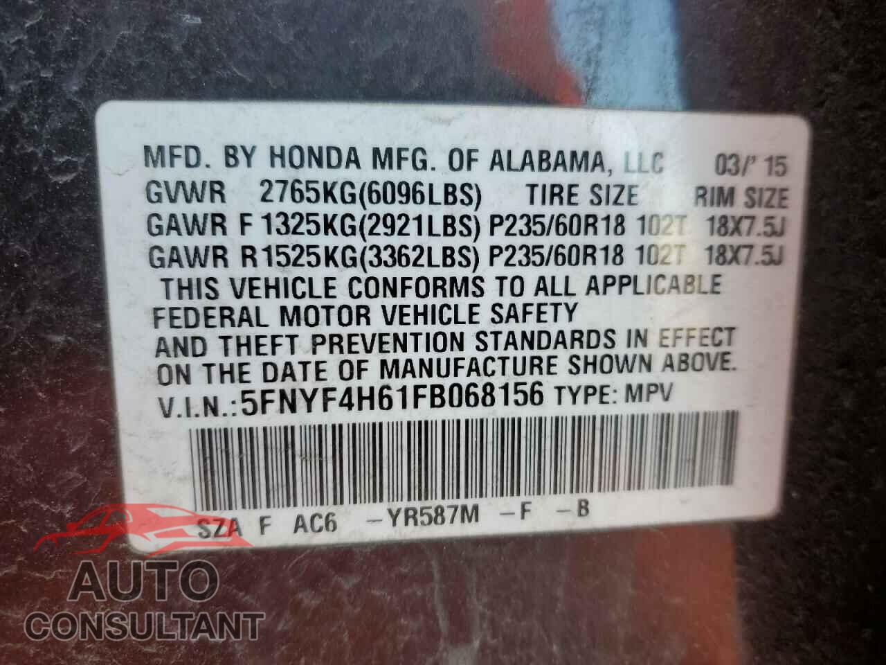 HONDA PILOT 2015 - 5FNYF4H61FB068156