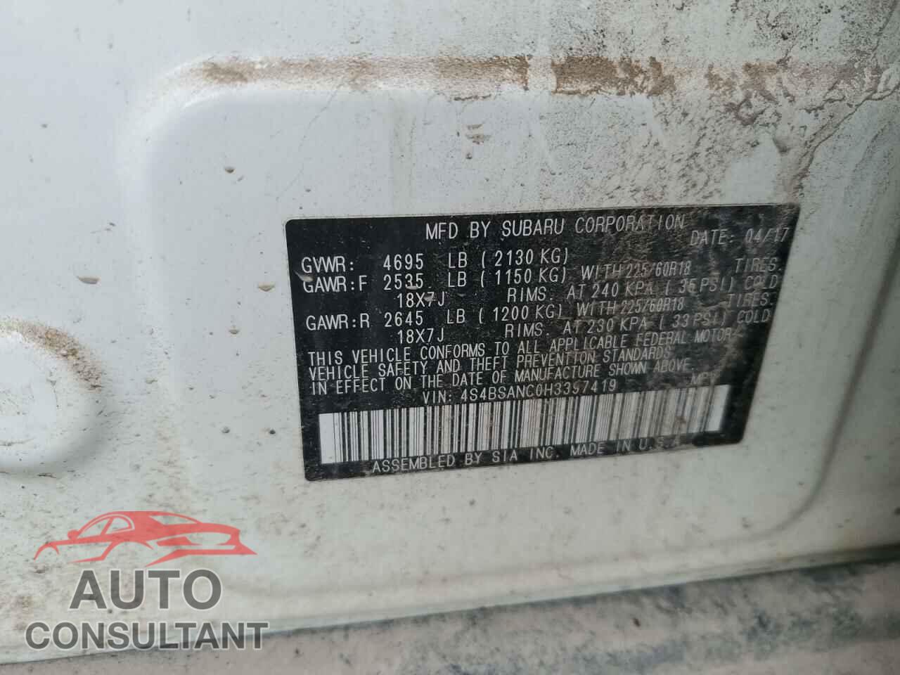 SUBARU OUTBACK 2017 - 4S4BSANC0H3397419
