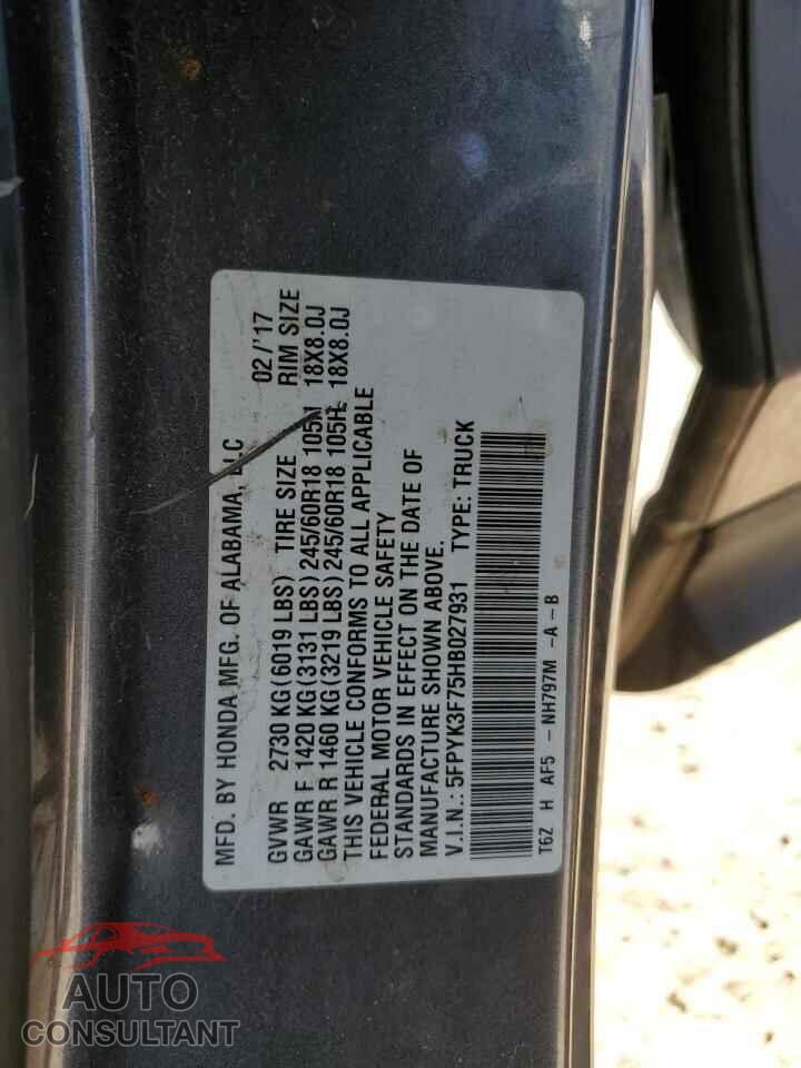 HONDA RIDGELINE 2017 - 5FPYK3F75HB027931