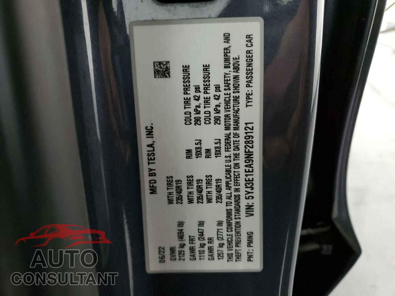 TESLA MODEL 3 2022 - 5YJ3E1EA9NF289121