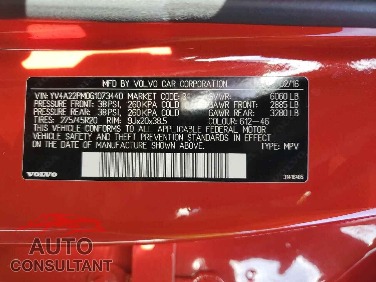 VOLVO XC90 2016 - YV4A22PM0G1073440