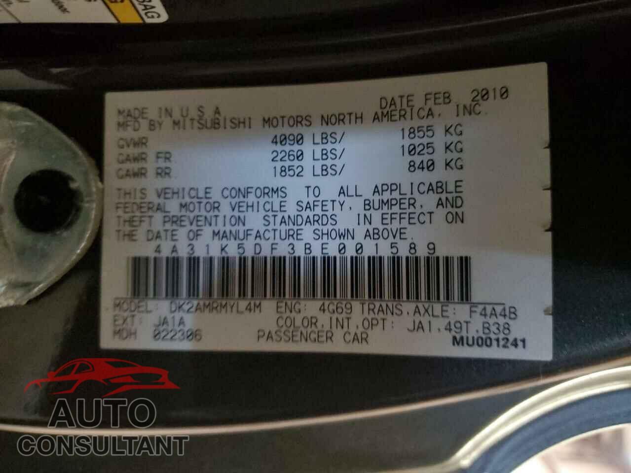 MITSUBISHI ECLIPSE 2011 - 4A31K5DF3BE001589