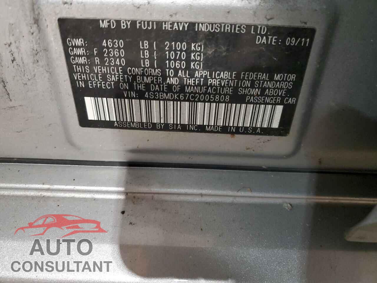 SUBARU LEGACY 2012 - 4S3BMDK67C2005808