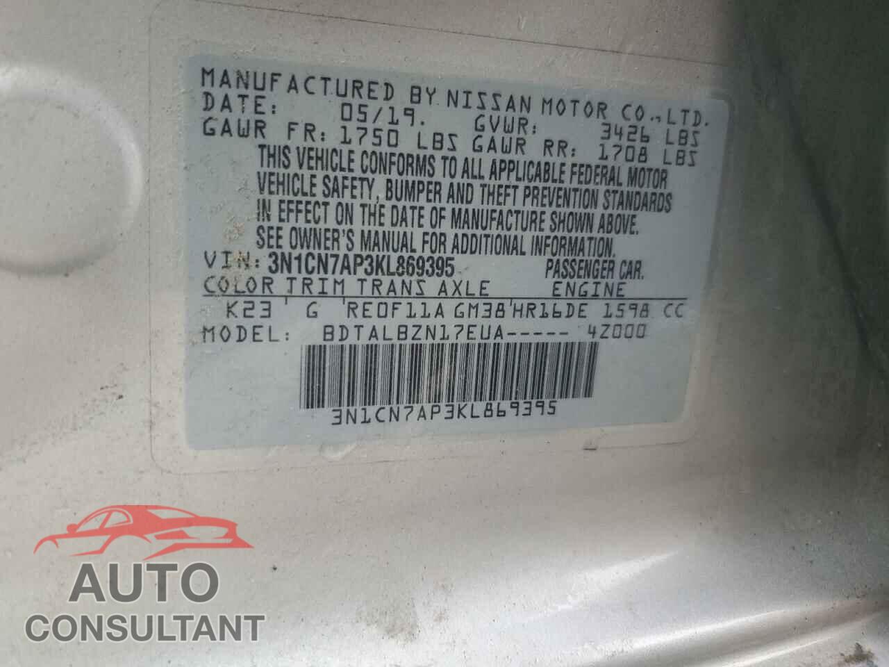 NISSAN VERSA 2019 - 3N1CN7AP3KL869395
