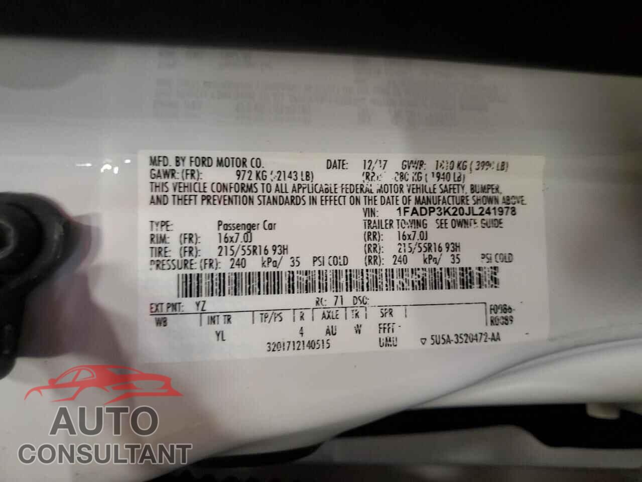 FORD FOCUS 2018 - 1FADP3K20JL241978