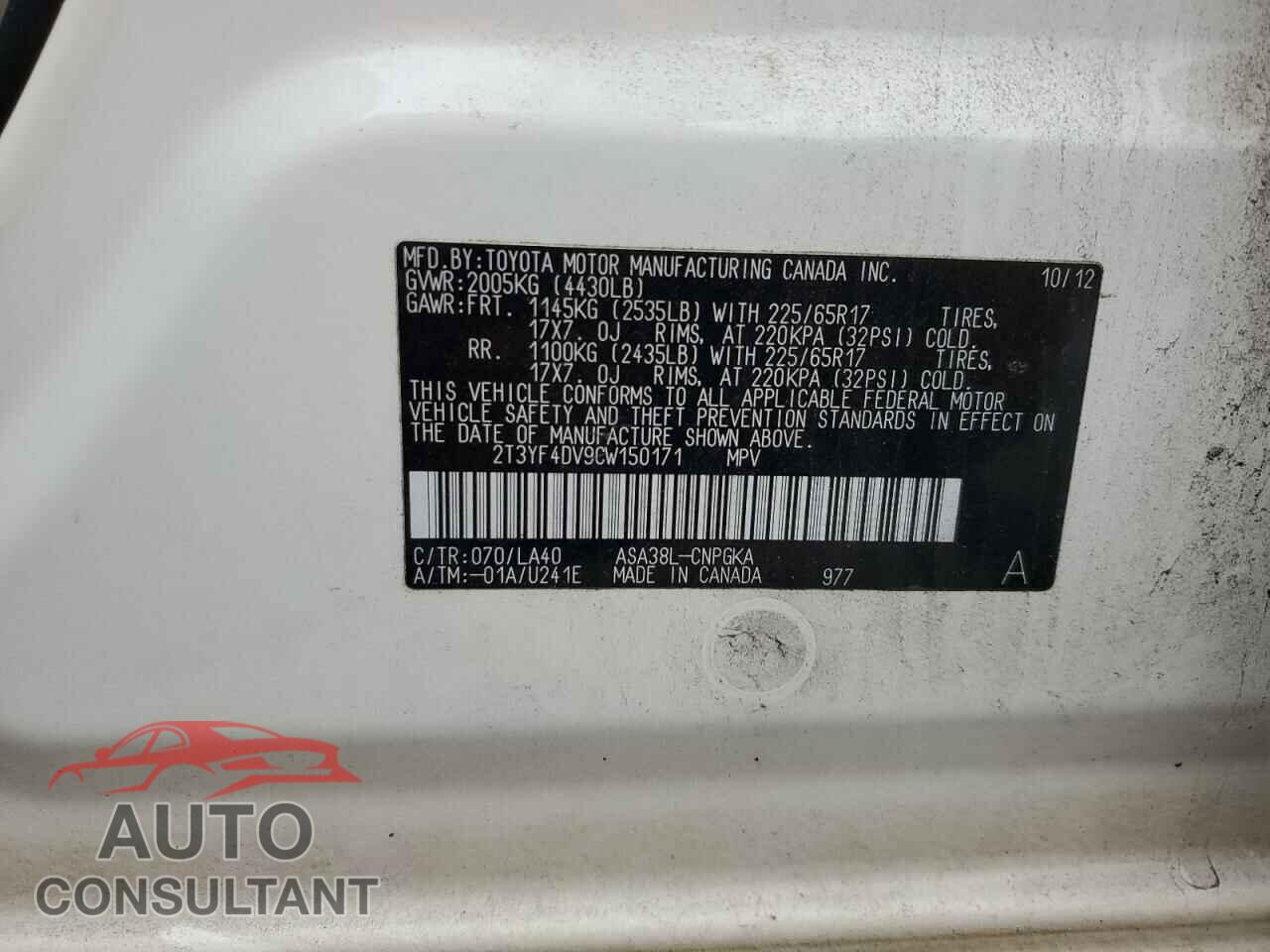 TOYOTA RAV4 2012 - 2T3YF4DV9CW150171