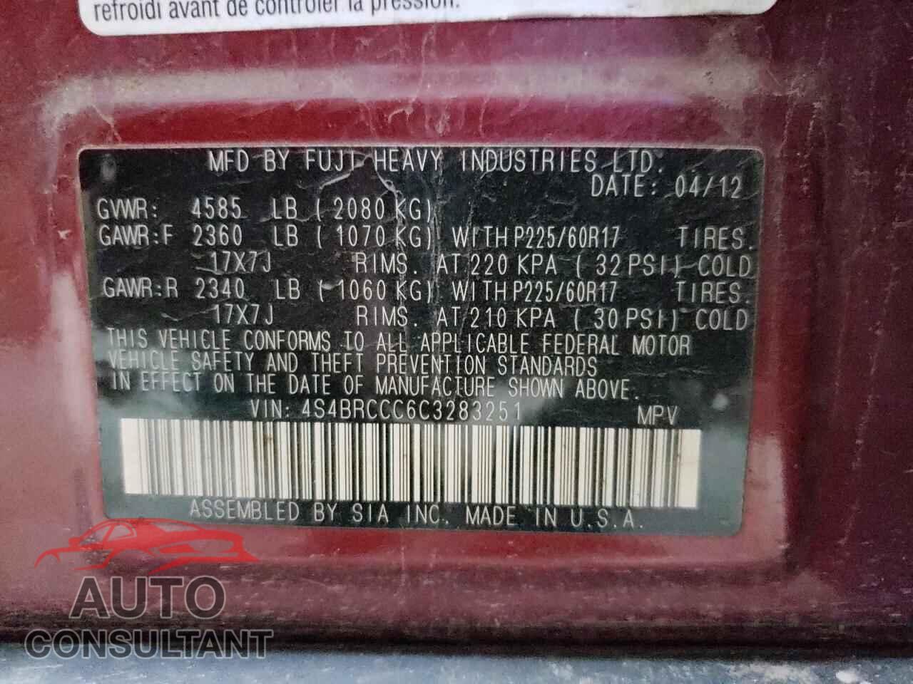 SUBARU OUTBACK 2012 - 4S4BRCCC6C3283251