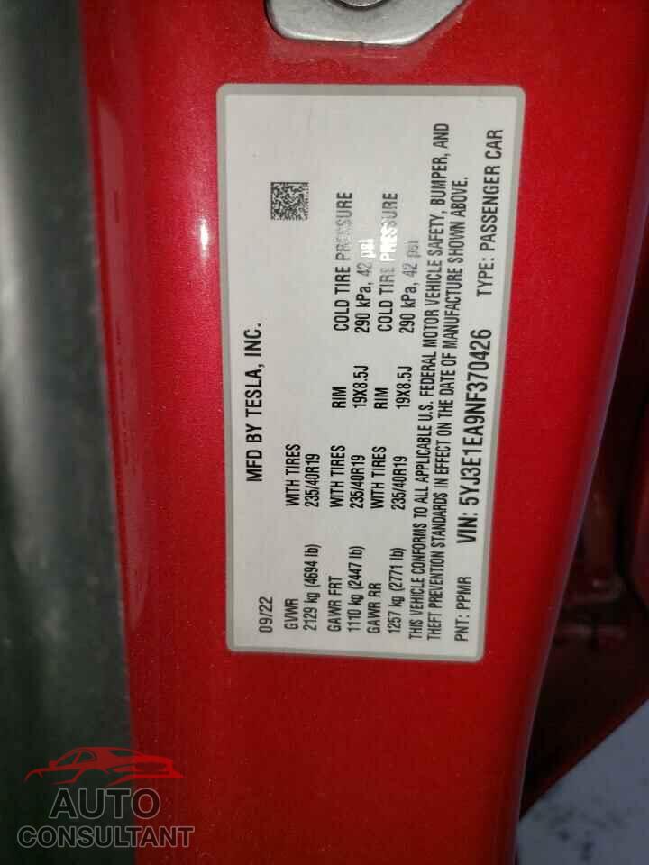 TESLA MODEL 3 2022 - 5YJ3E1EA9NF370426