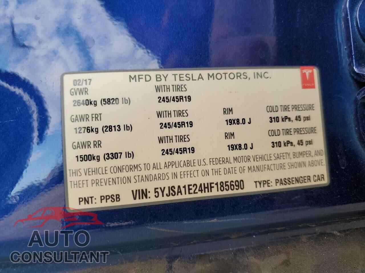 TESLA MODEL S 2017 - 5YJSA1E24HF185690