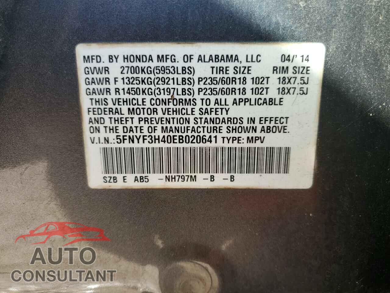 HONDA PILOT 2014 - 5FNYF3H40EB020641