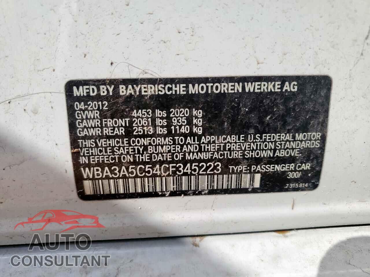 BMW 3 SERIES 2012 - WBA3A5C54CF345223