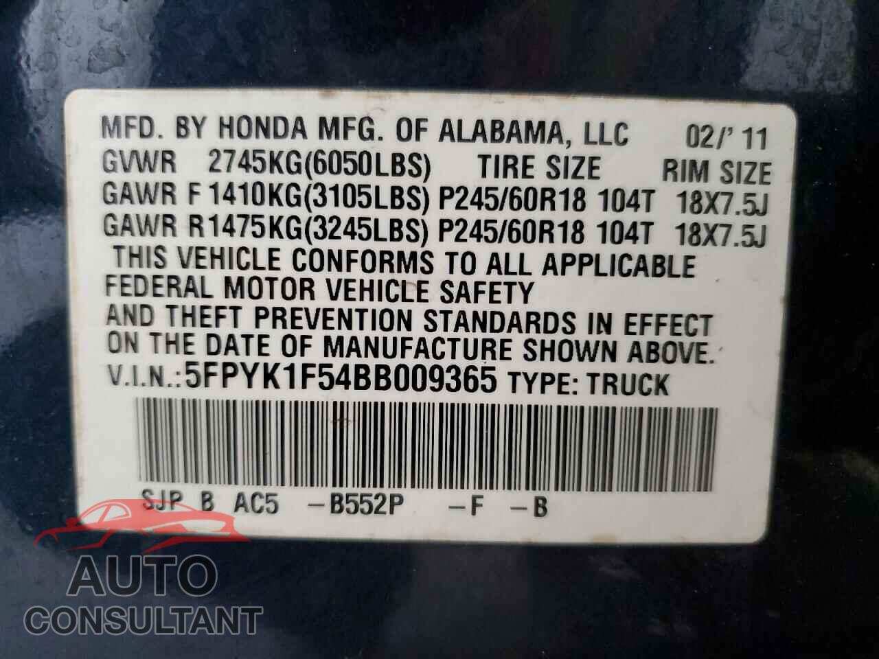HONDA RIDGELINE 2011 - 5FPYK1F54BB009365