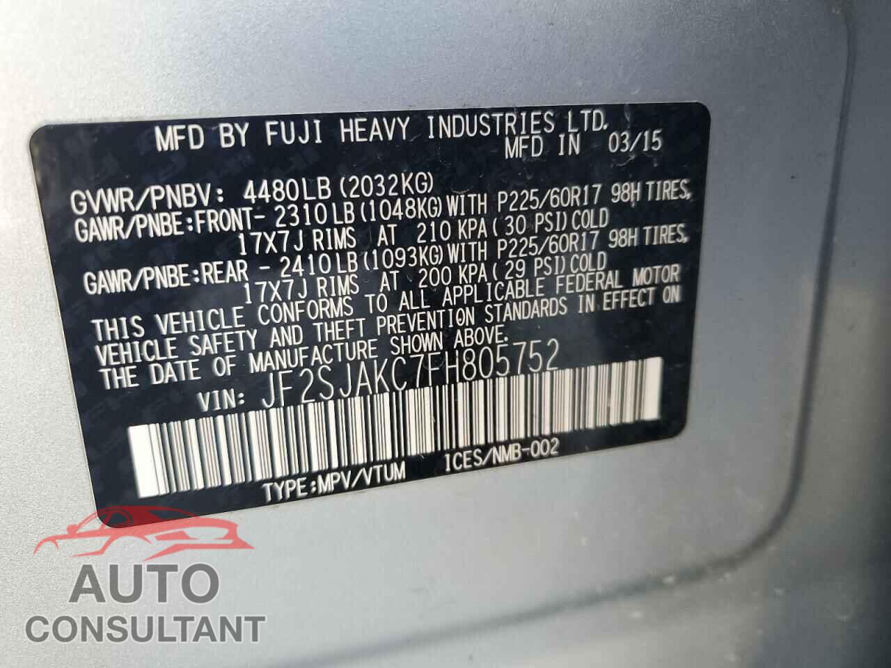 SUBARU FORESTER 2015 - JF2SJAKC7FH805752