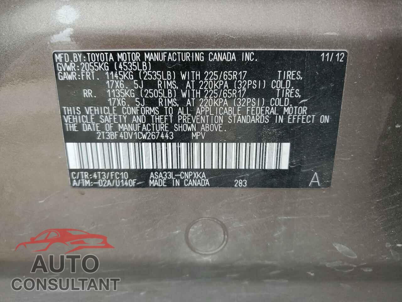 TOYOTA RAV4 2012 - 2T3BF4DV1CW267443