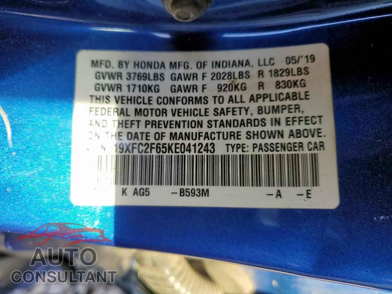 HONDA CIVIC 2019 - 19XFC2F65KE041243
