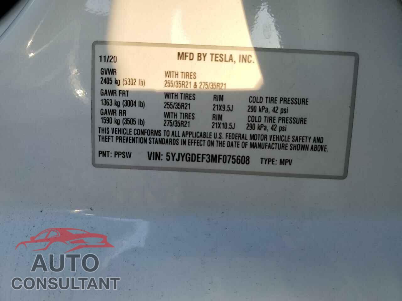 TESLA MODEL Y 2021 - 5YJYGDEF3MF075608