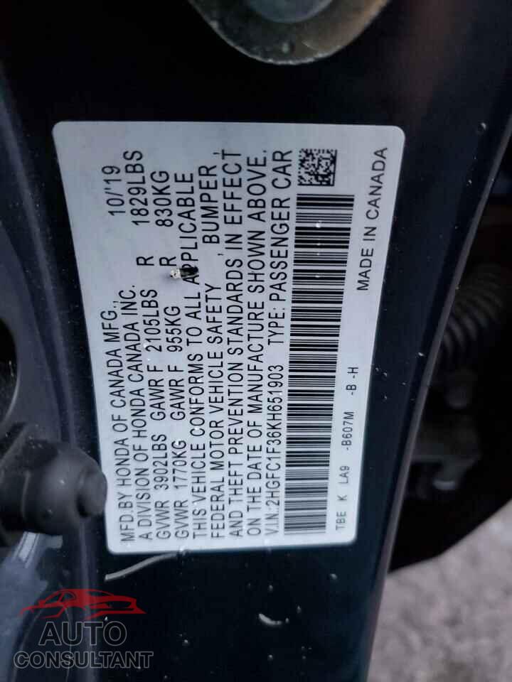HONDA CIVIC 2019 - 2HGFC1F36KH651903