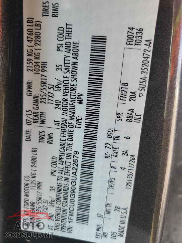 FORD ESCAPE 2016 - 1FMCU0G90GUA22679