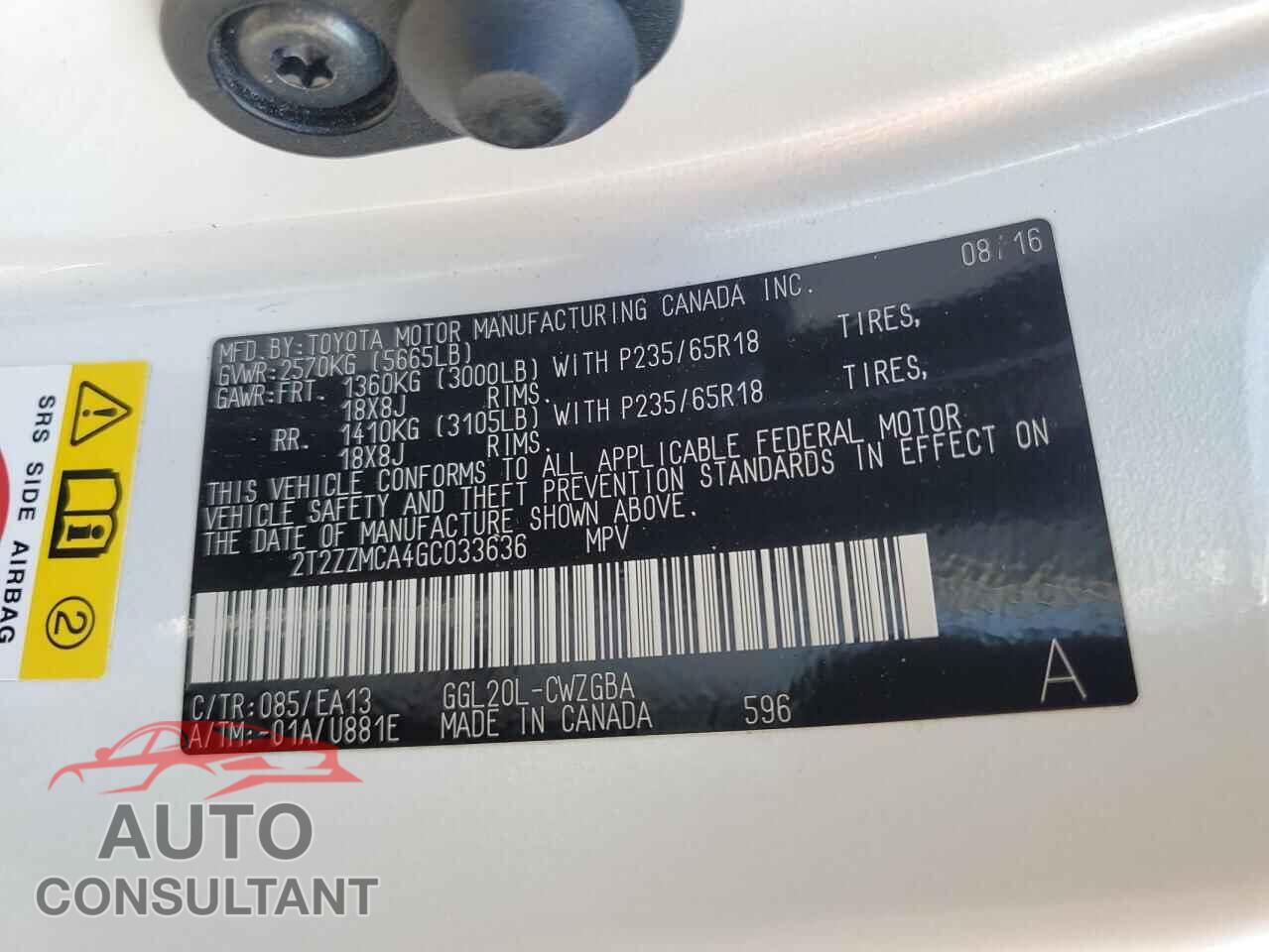 LEXUS RX350 2016 - 2T2ZZMCA4GC033636