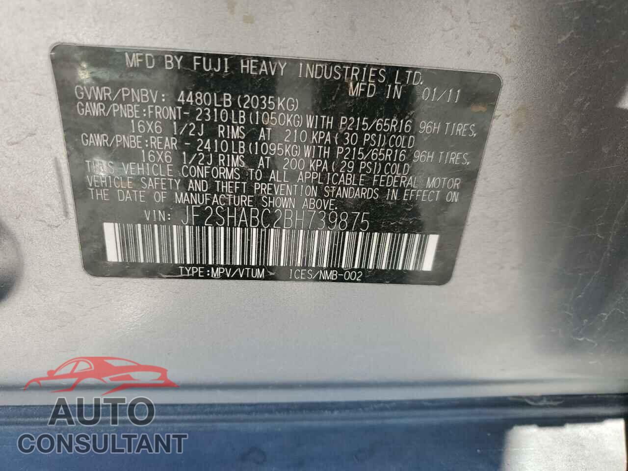 SUBARU FORESTER 2011 - JF2SHABC2BH739875