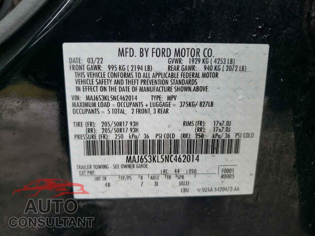 FORD ECOSPORT 2022 - MAJ6S3KL5NC462014