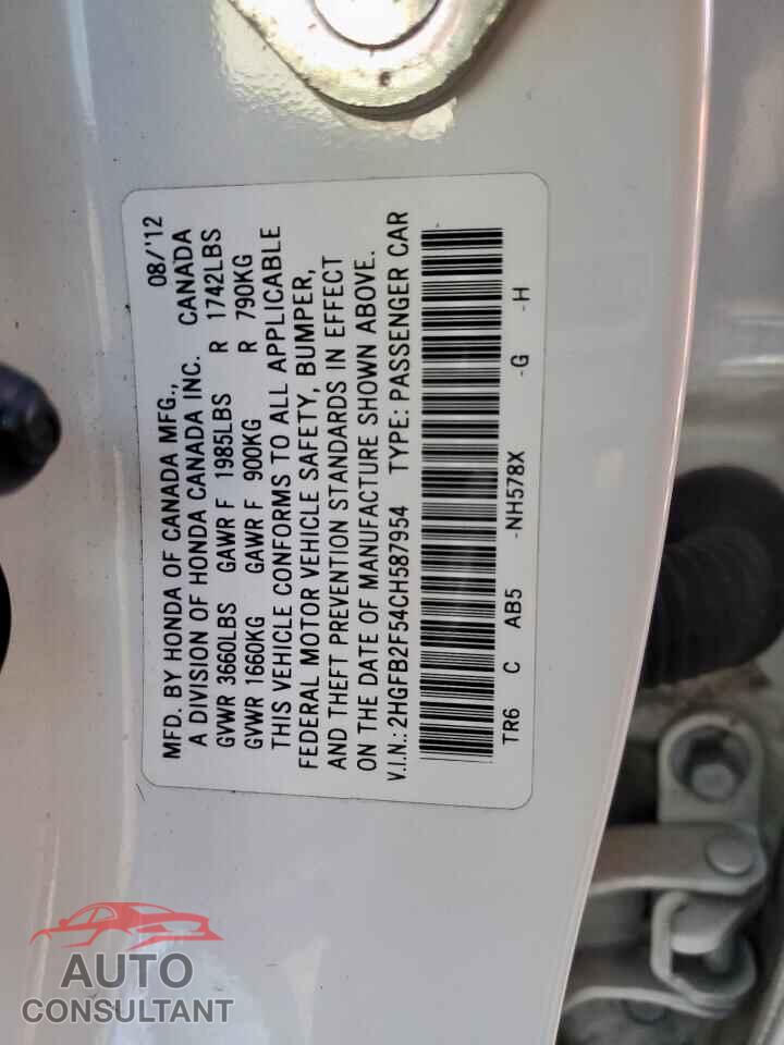 HONDA CIVIC 2012 - 2HGFB2F54CH587954