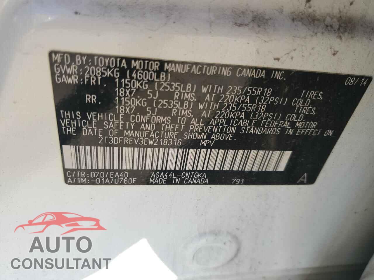 TOYOTA RAV4 2014 - 2T3DFREV3EW218316