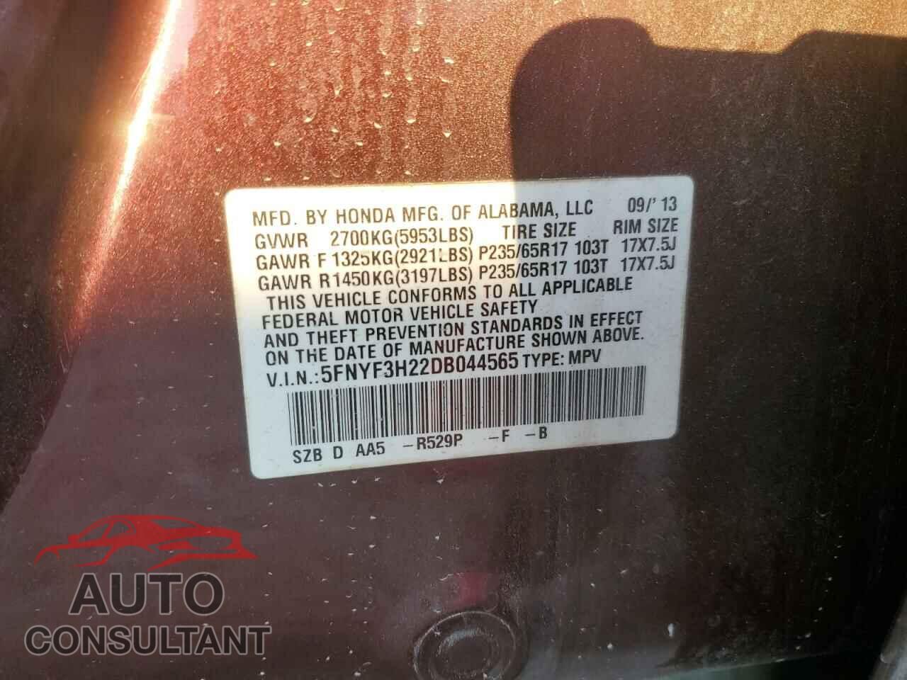 HONDA PILOT 2013 - 5FNYF3H22DB044565