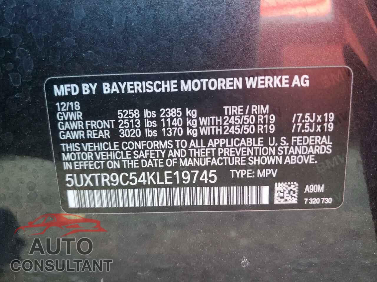 BMW X3 2019 - 5UXTR9C54KLE19745