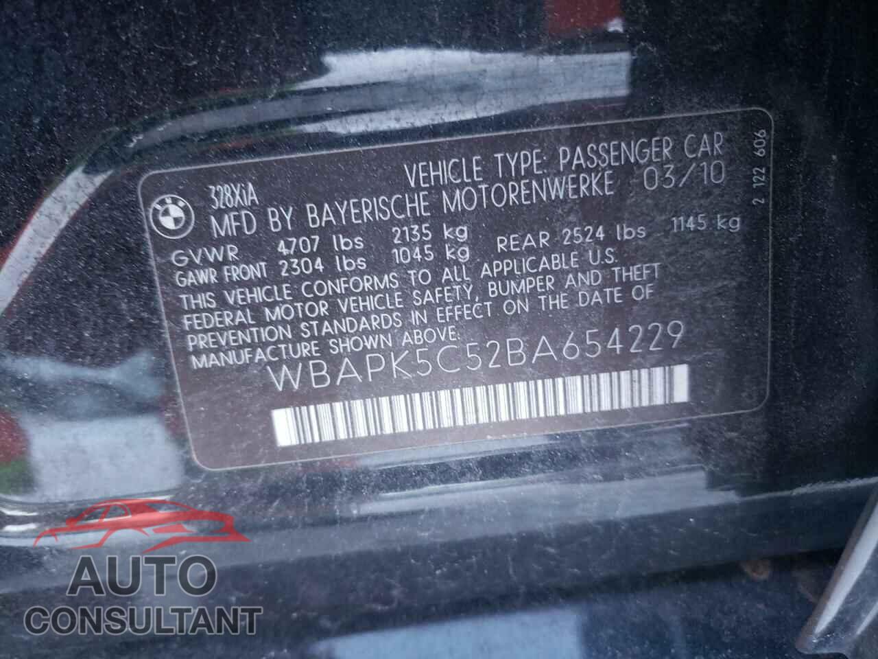BMW 3 SERIES 2011 - WBAPK5C52BA654229