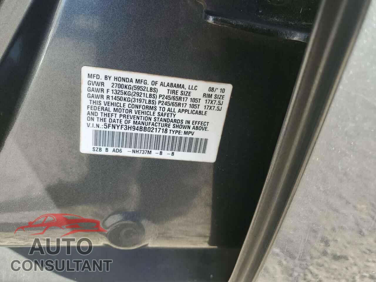 HONDA PILOT 2011 - 5FNYF3H94BB021718