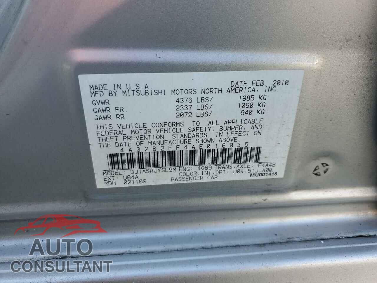 MITSUBISHI GALANT 2010 - 4A32B2FF4AE016035