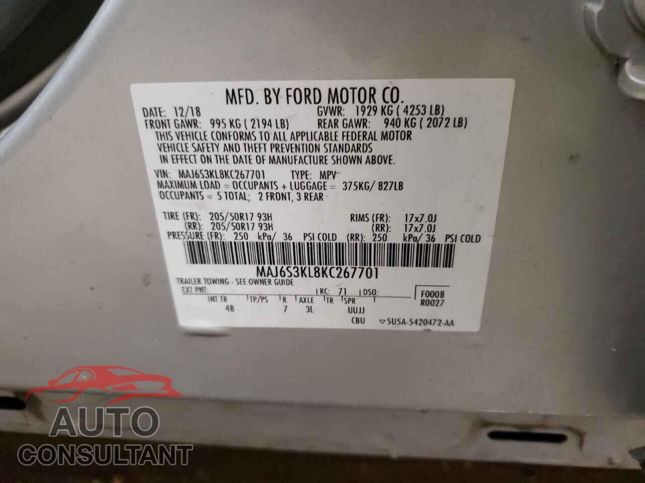 FORD ECOSPORT 2019 - MAJ6S3KL8KC267701